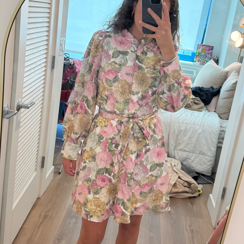 Lucy Paris Pink and Gold Floral Long Sleeve Dress